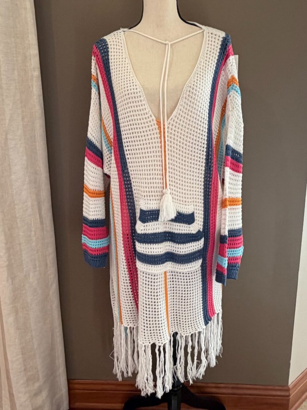 Colorful Knit with Tassles and front Pocket Swim Suit Cover Up, Size 4XL
